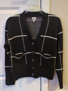 Black Cardigan with White Windowpane Lines